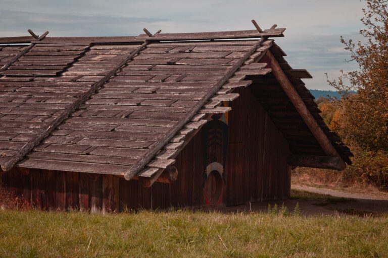 A traditional wooden house set against an autumn backdrop, showcasing indigenous architecture.